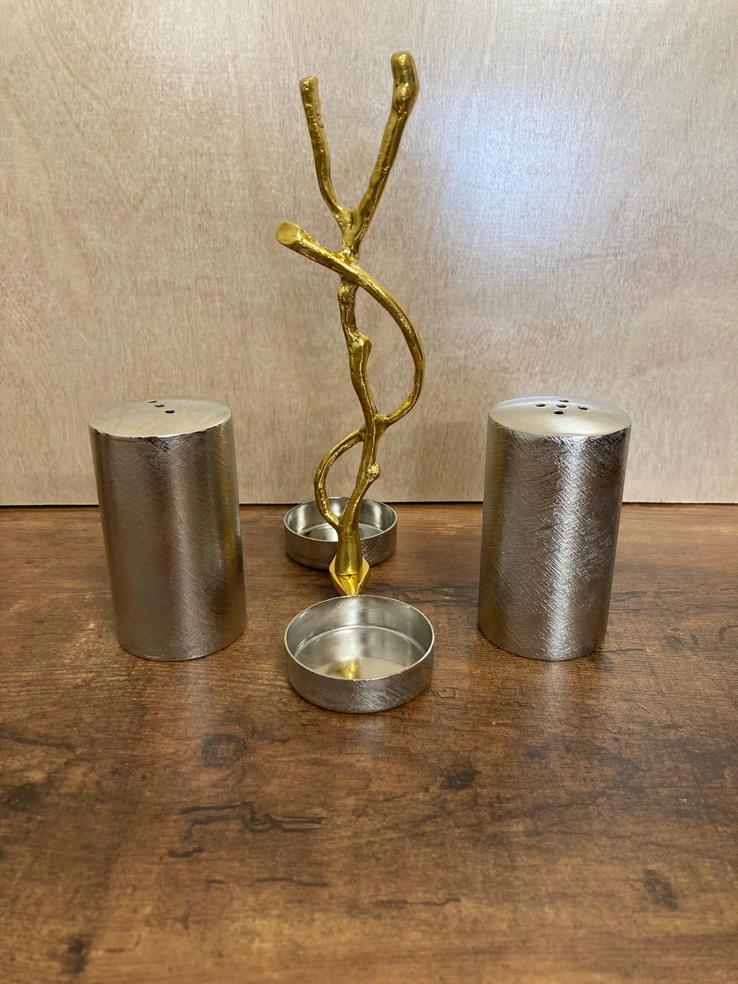 Salt And Pepper shakers Branch Brass & S/S Brushed finish metal.Elegant and classy.