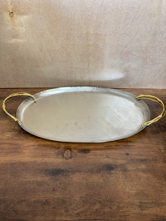Stainless steel & Brass serving tray, Gold and silver branch pattern brushed finish. Home decor.