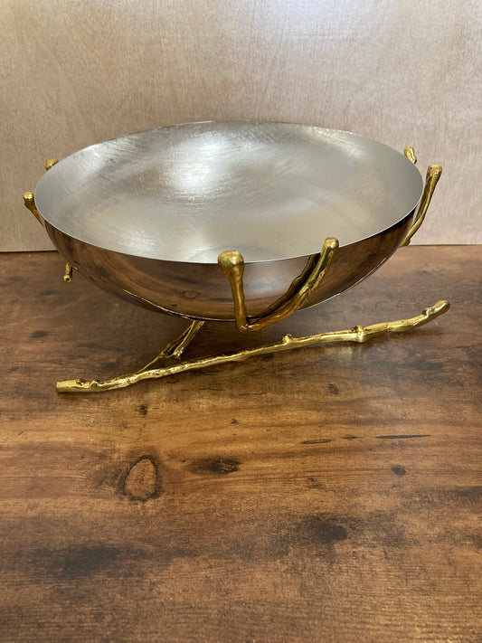 Stainless steel & Brass footed serving bowl tray fruits, Gold and silver branch pattern brushed finish. Home decor.