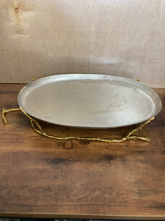 Stainless steel & Brass serving tray with stand, Gold and silver branch pattern brushed finish. Home decor.