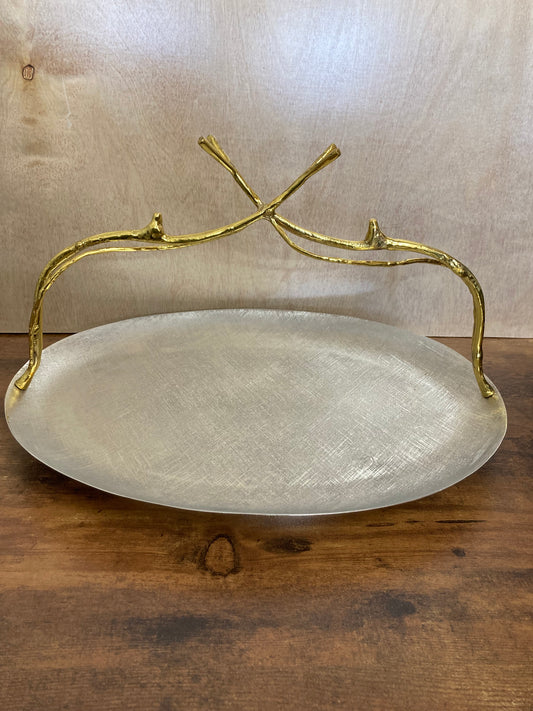 Stainless steel & Brass serving tray with handle , Gold and silver branch pattern brushed finish. Home decor.