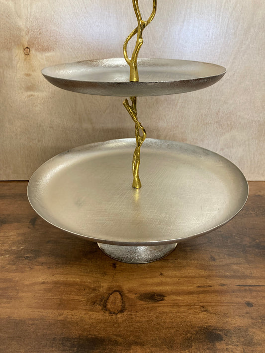 Stainless steel & Brass serving tray plate 2 tire  , Gold and silver branch pattern brushed finish. Home decor.