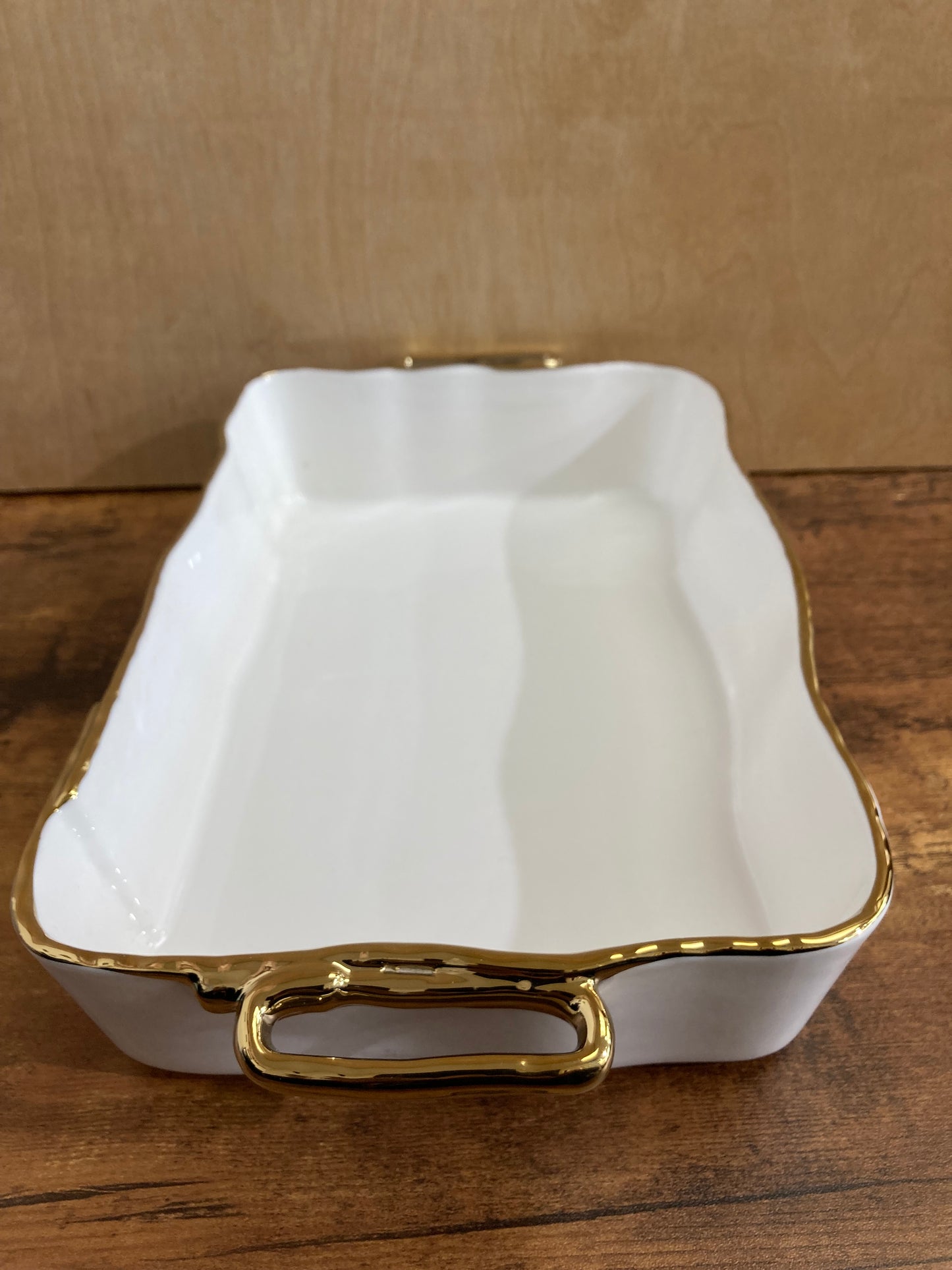 Serving white ceramic plater plate tray rectangular with gold color pattern. Home decor table top.