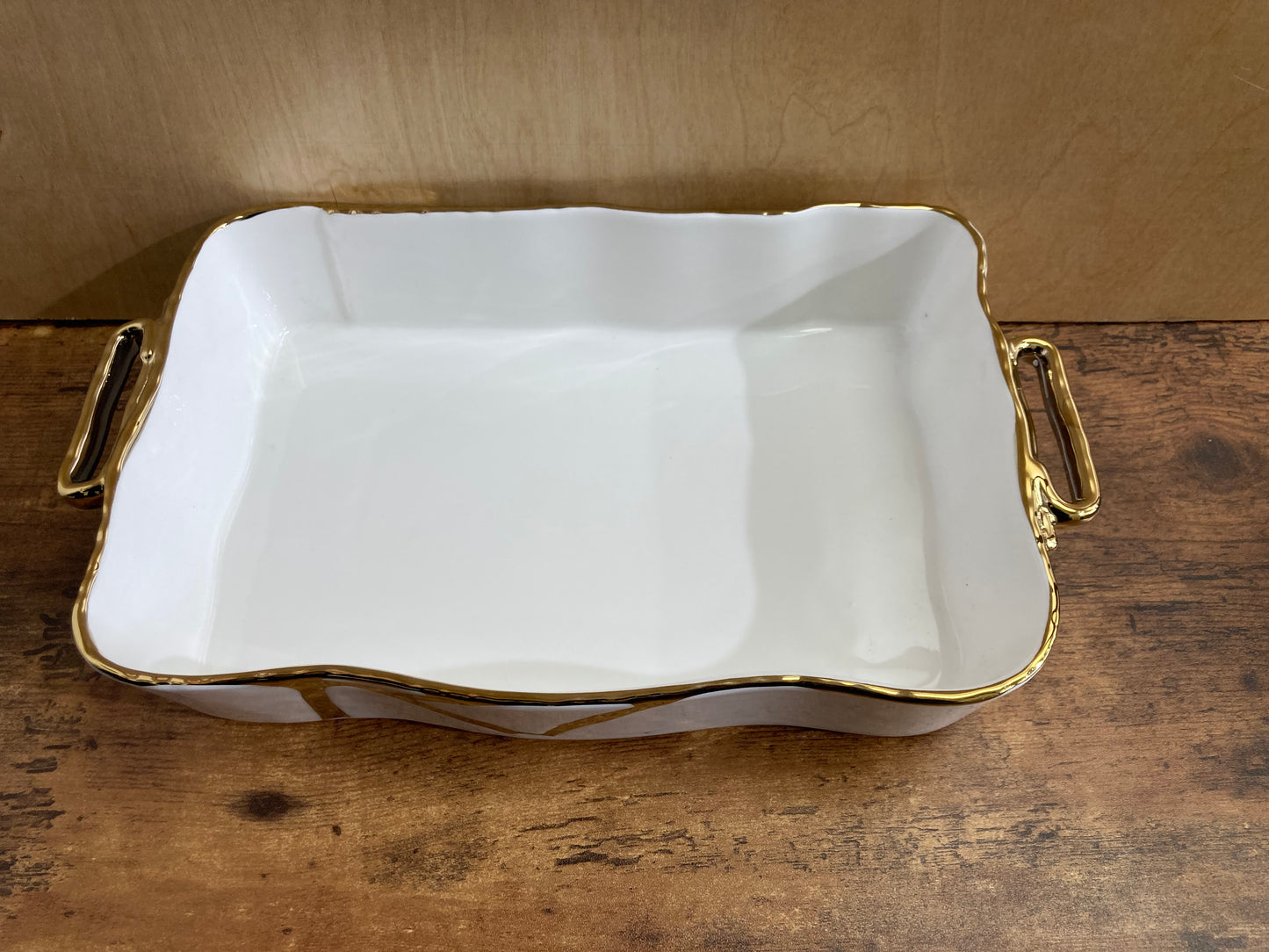 Serving white ceramic plater plate tray rectangular with gold color pattern. Home decor table top.