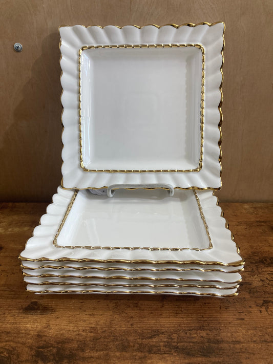 Square dessert appetizer White ceramic 6 pcs Plates with gold rim  dishes fruits  modern  serving elegant .