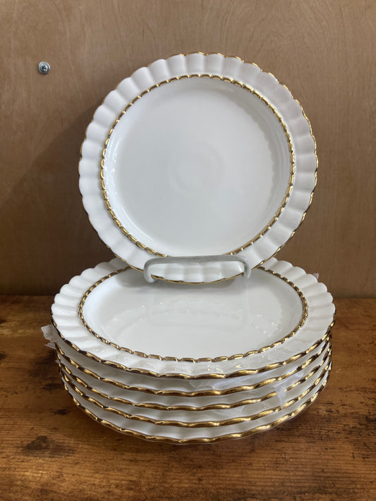 Round dessert appetizer White ceramic 6 pcs Plates with gold rim  dishes fruits  modern  serving elegant .