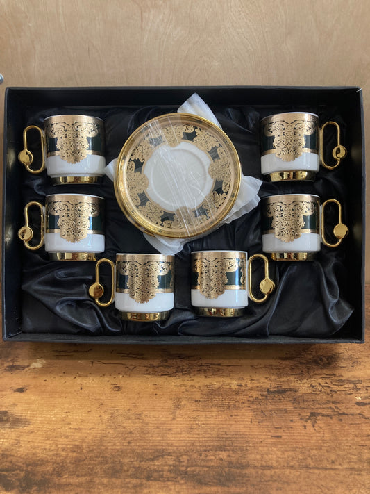 Coffee cups set of 6  white with gold color decoration classy and elegant. ceramic.