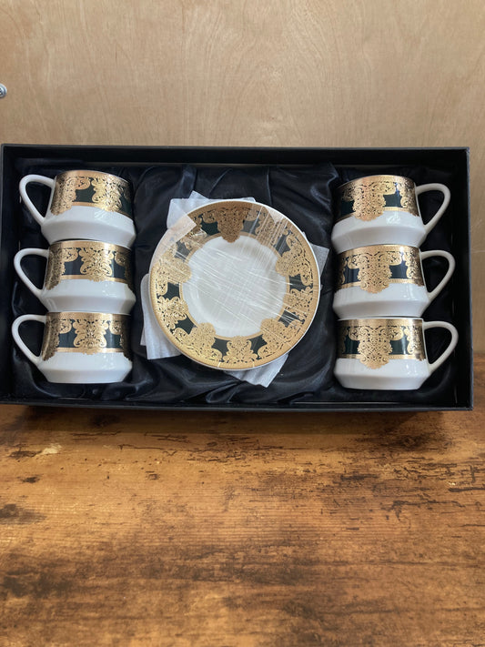 Coffee cups set of 6  white with gold color decoration pattern  classy and elegant. ceramic.