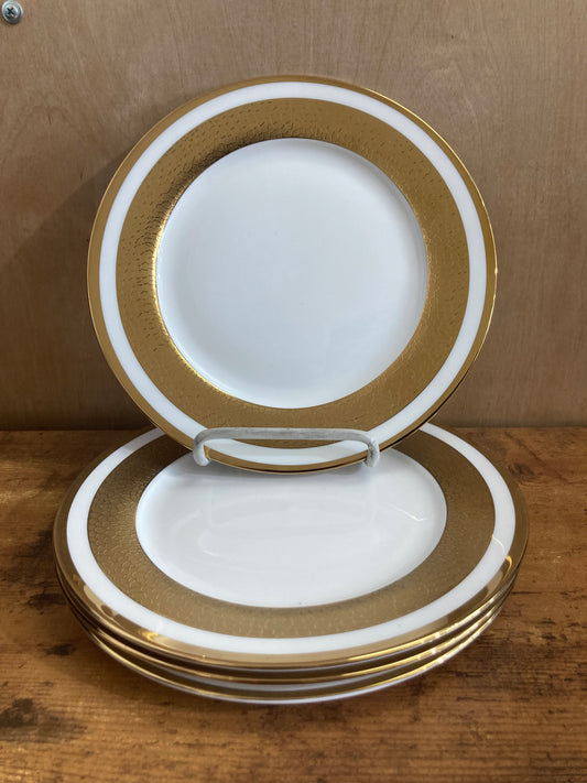 Serving white dessert plates ceramic with gold rim ,4 pcs set elegant and classy . Home decor.
