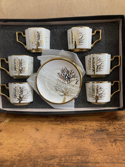 Coffee cups set of 6  white with tree of life design decoration classy and elegant. ceramic.