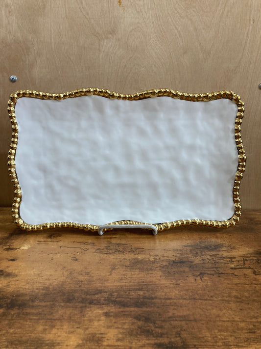 Serving dish tray plate fruits pastry food ,rectangular shape ceramic with gold rim.