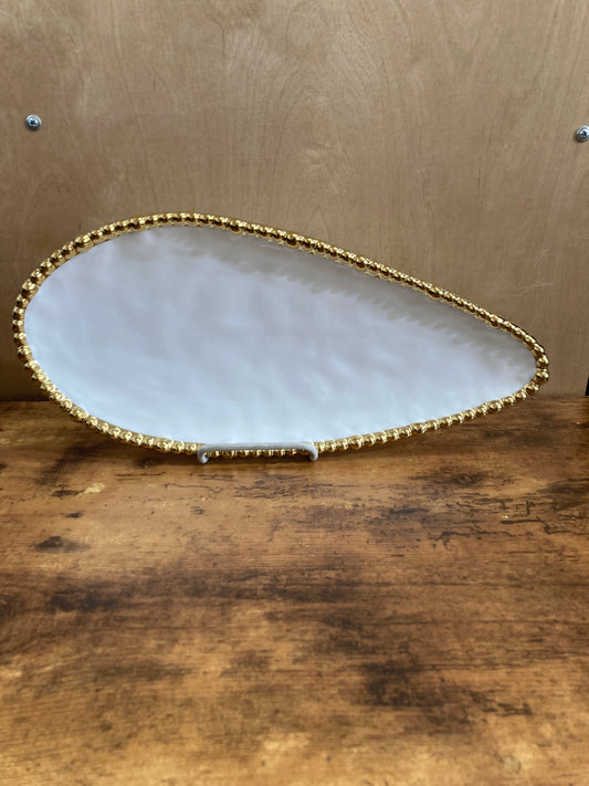 Serving dish tray plate fruits pastry food ,ceramic with gold rim uneven oval shape.