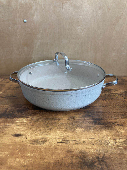 Cookware nonstock 12 inch low pot bottom induction pot  granite pattern with glass cover.