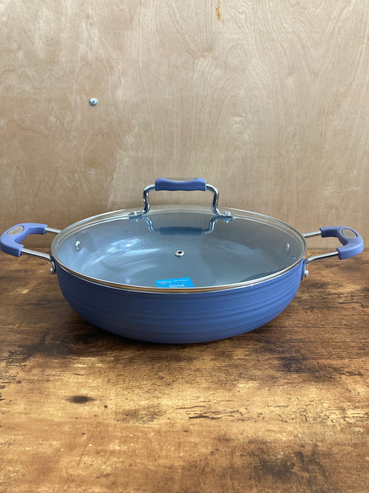 Cookware nonstock 12 inch low pot bottom induction pot with glass cover. PFOA FREE ceramic coated.