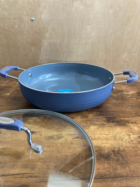 Cookware nonstock 12 inch low pot bottom induction pot with glass cover. PFOA FREE ceramic coated.