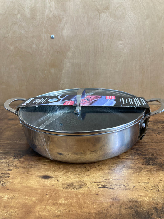 Cookware nonstock PFOA FREE low pot 11 inch diameter Stainless steel pot oven safe with glass cover.