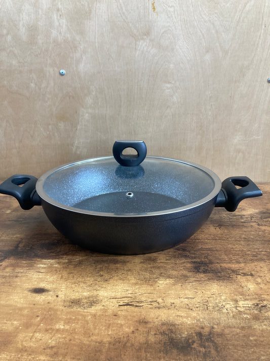 Cookware nonstock 12 inch low pot bottom induction pot with glass cover. marble pattern.