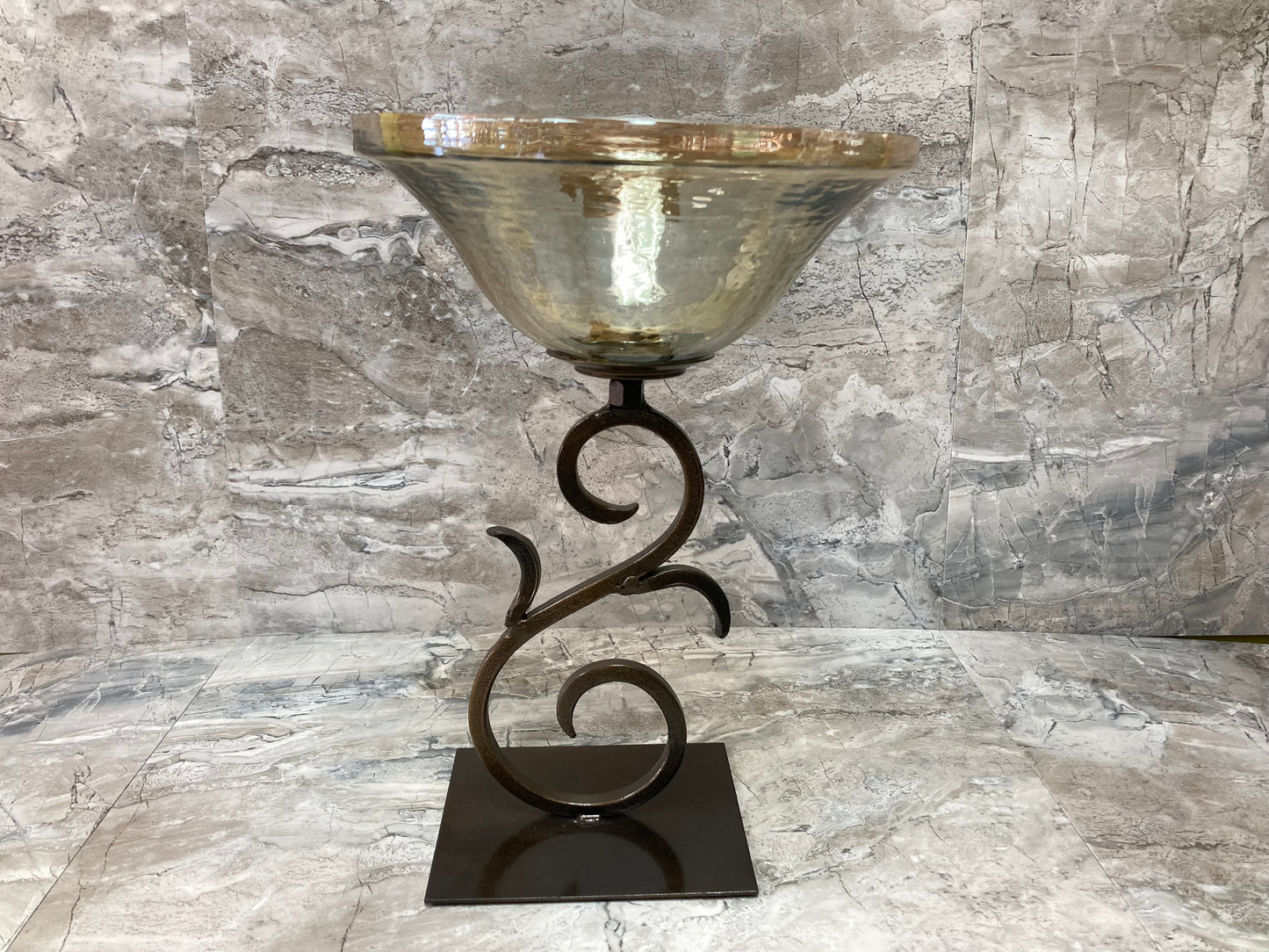 Elegant Candle Holder With Iron Base And Glass Top , Amber Glass Home Decor.