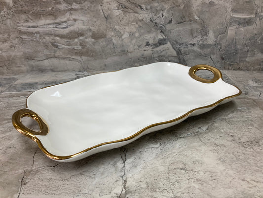 Ceramic Serving Dish, Hammered pattern ,Tray Platter with Gold Rim Stylish