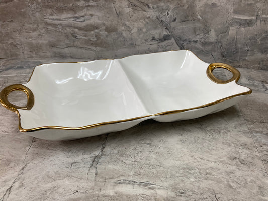 Ceramic Serving Dish  2 Sections Platter Tray with Gold Rim. Hammered pattern Modern and stylish