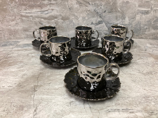 Ceramic Silver Black  Coffee cup and saucer set .Hammered Pattern cup and saucer Uneven Shape .Set of 6 .