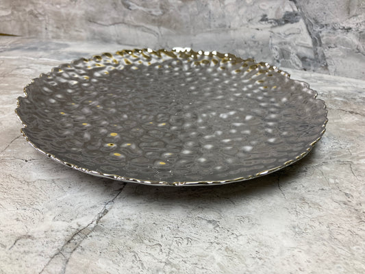 Ceramic Hammered Pattern Silver Color Set of 6 Dinner Plates Platters Serving Dishes .