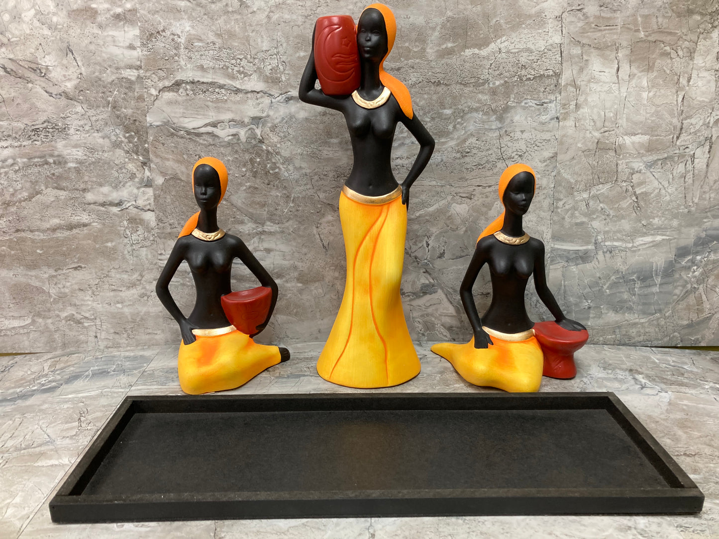 3 pcs Ceramic African Ladies statute Figurine  with Wooden base Home Decor.