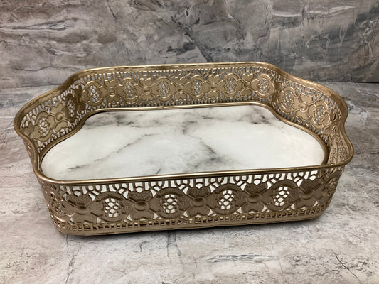 Oval Shape Decorative Marble Pattern Tray Compressed Wood Base ,Metal Around