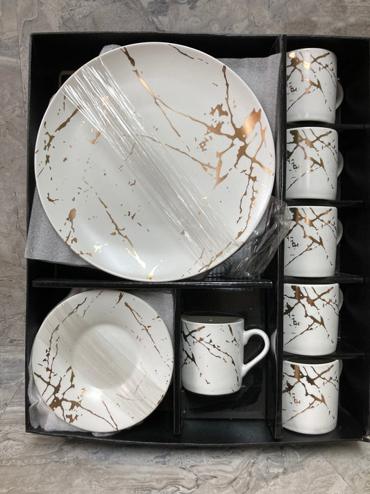 Ceramic White Marble Pattern 18 Pcs  Coffee Espresso set cup saucer dessert plate .Set of 6.