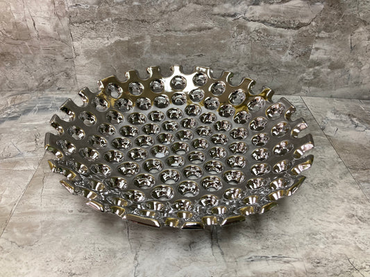 Ceramic Round Concave Platter Serving Dish with Perforated Design Polished  Silver finish. Home Decor