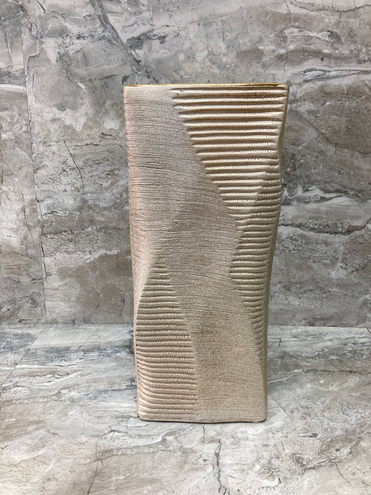 Modern Ceramic Rectangular Flower Vase ,Brushed Gold color finish Glazed inside.