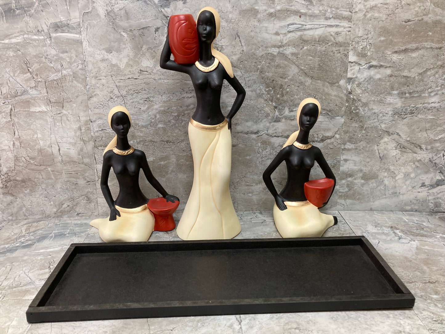 3 pcs Ceramic African Ladies statute figurine  with Wooden base Beige color Home decor
