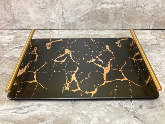 Nordic style Serving Tray Platter Marble pattern Ceramic metal handles Black Gold color.