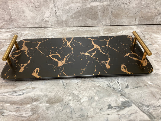 Rectangular Nordic style Serving Tray Platter  Marble pattern Ceramic metal handles Black Gold color.