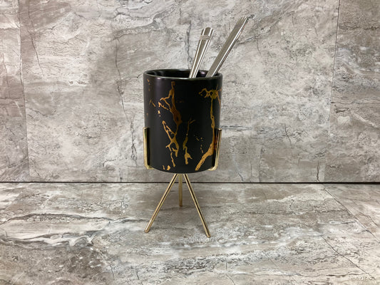 Nordic Style Black Marble Pattern Cutlery Holder With Gold Color Metal Base , Pot Cup , Home Decor