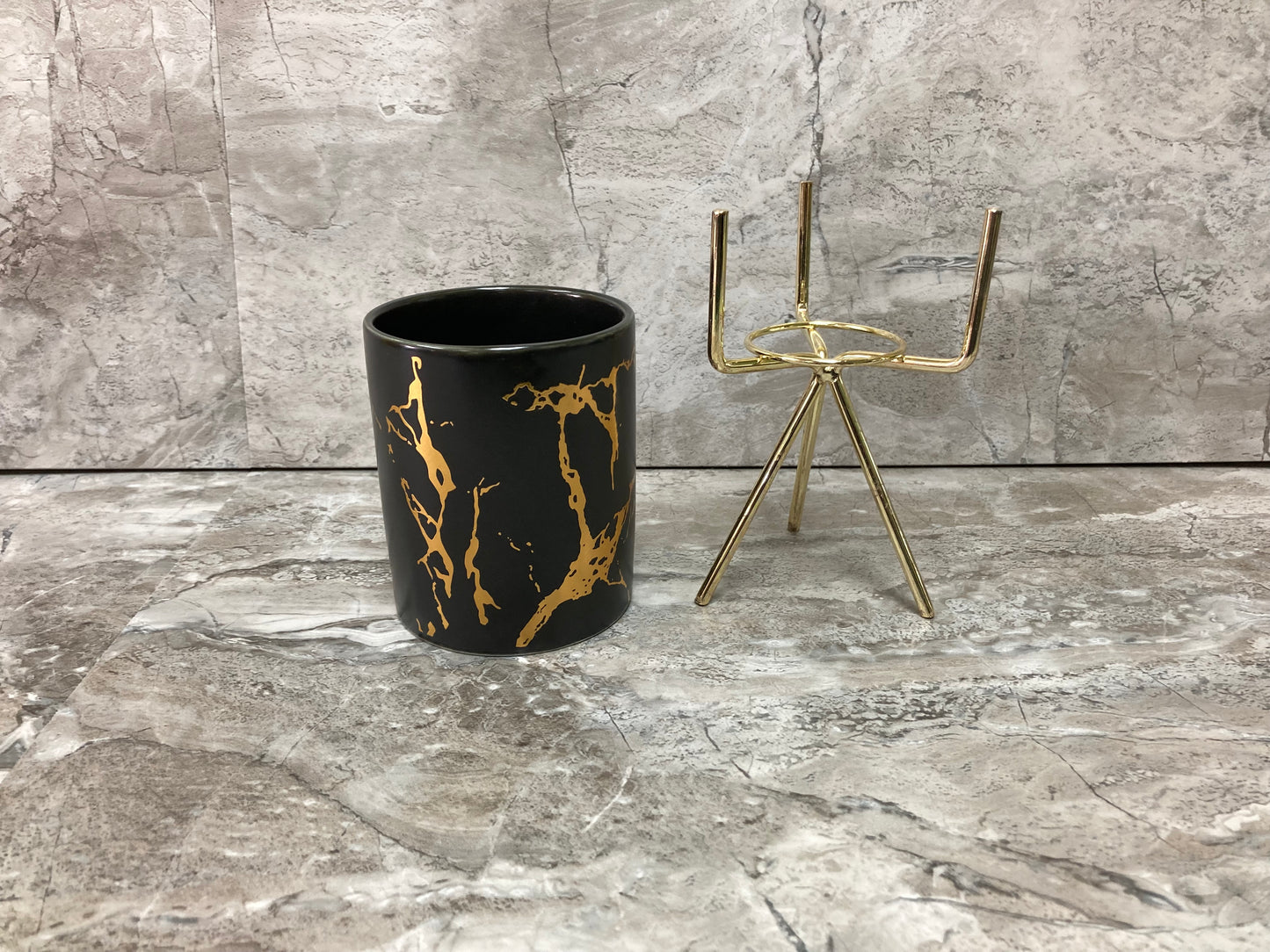 Nordic Style Black Marble Pattern Cutlery Holder With Gold Color Metal Base , Pot Cup , Home Decor