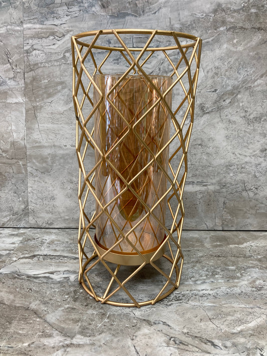 Gold Color Metal Candle holder  With Amber Glass Home Decor