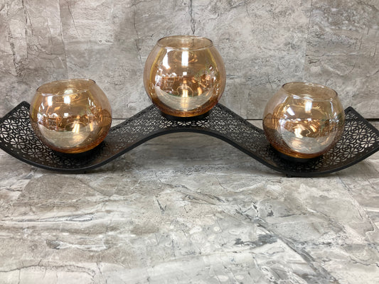 Metal Candle Holder Black Base and Amber glass cup shape. Home Decor