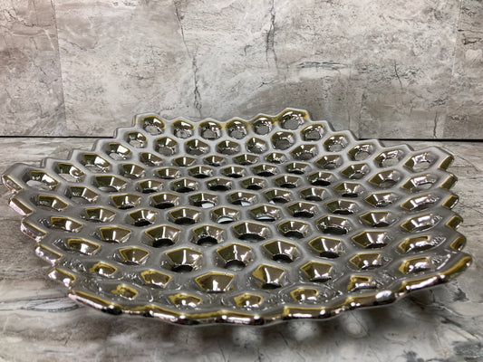 Ceramic Hexagon Concave Platter Serving Dish with Perforated Design Polished  Silver finish Home Decor