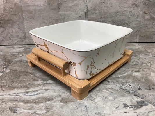 Square Nordic style Marble pattern Ceramic Salad fruit Serving Bowl Dish White Gold color, With Wooden Base Home Decor.