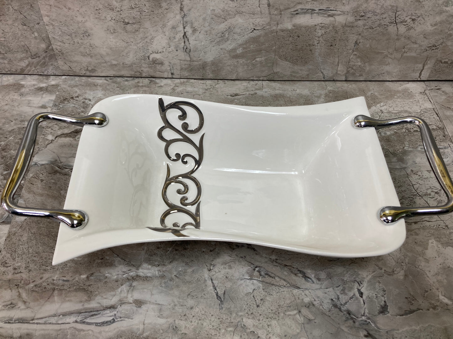 White Ceramic Deep Serving Dish, With Silver color handles and Design ,Tray Platter Stylish