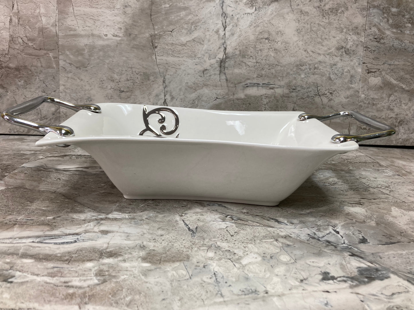 White Ceramic Deep Serving Dish, With Silver color handles and Design ,Tray Platter Stylish