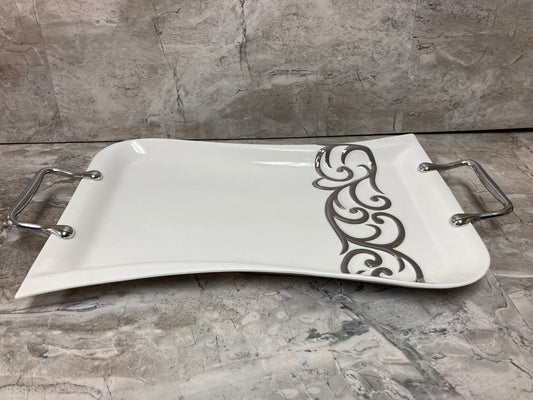 White Ceramic Serving Dish, With Silver color handles and Design ,Tray Platter Stylish