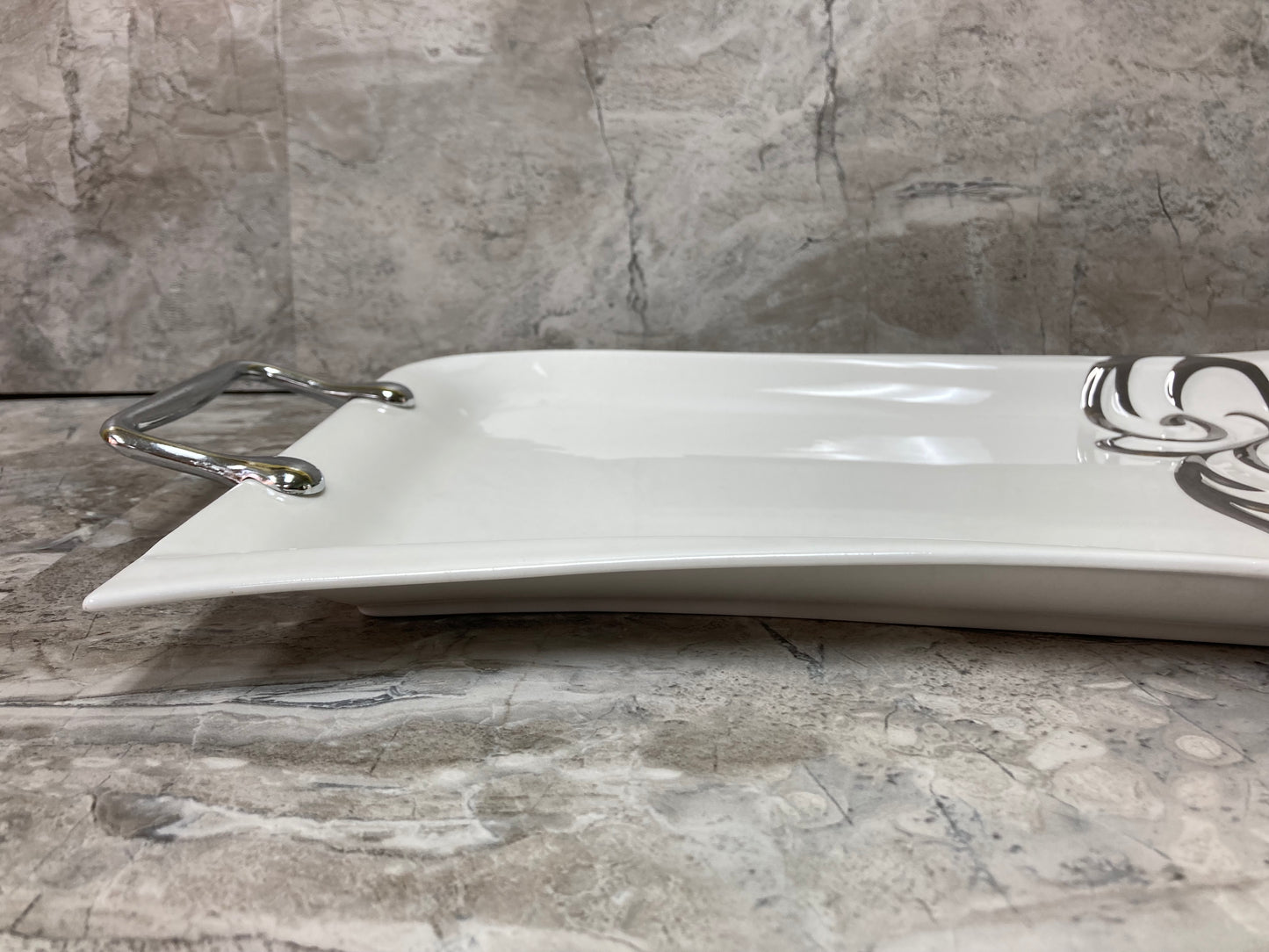 White Ceramic Serving Dish, With Silver color handles and Design ,Tray Platter Stylish