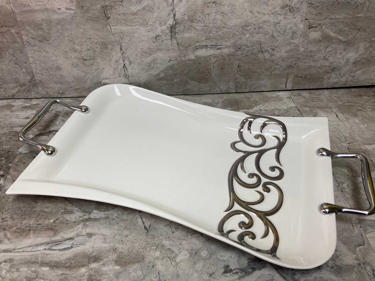 White Ceramic Serving Dish, With Silver color handles and Design ,Tray Platter Stylish