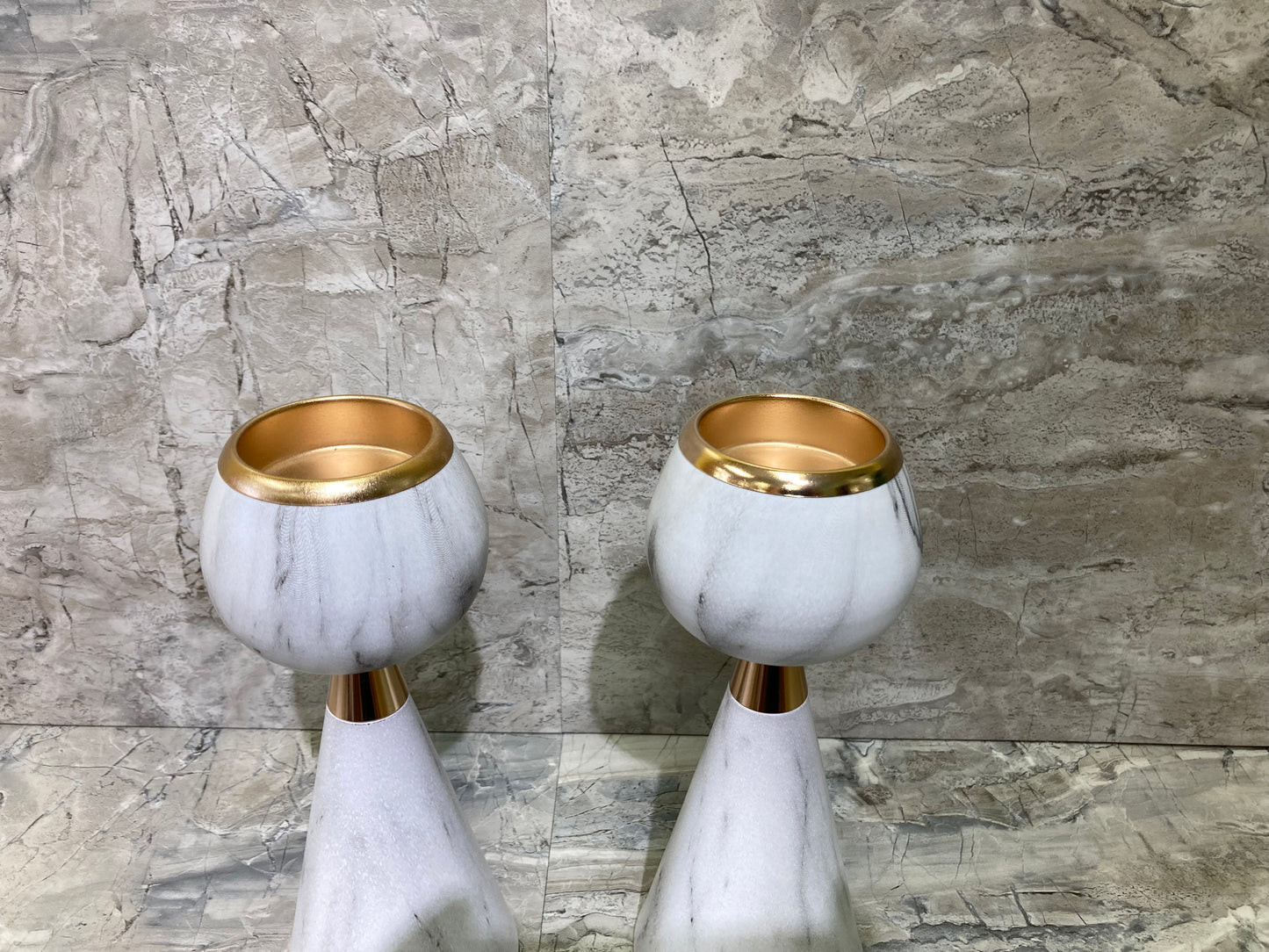 Marble Pattern Candle holder set of 2 .Metal with Gold Rim ,Home Decor