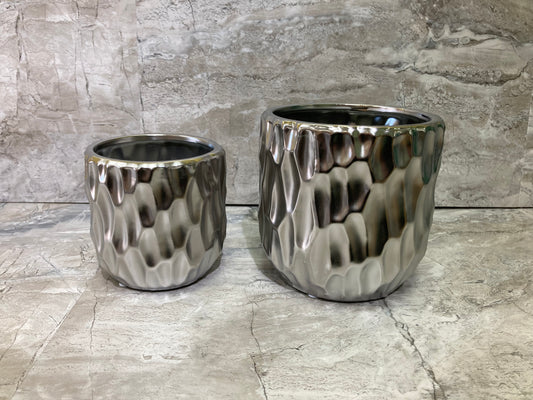 Ceramic Round Flower Plant Pot Vase with Wide Mounth and Embossed design Body Set of 2 ,Silver color Matte Finish